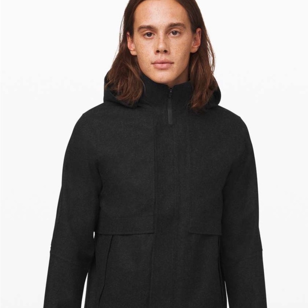 lululemon athletica Men’s Black Hooded Raincoat- Storm Break Wool Jacket